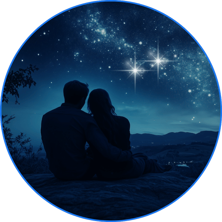 Pareja admirando sus estrellas dobles Duonova en el cielo