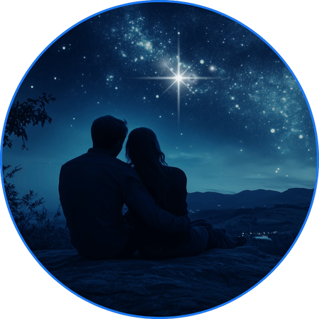 Pareja observando su estrella Silvernova en el cielo nocturno