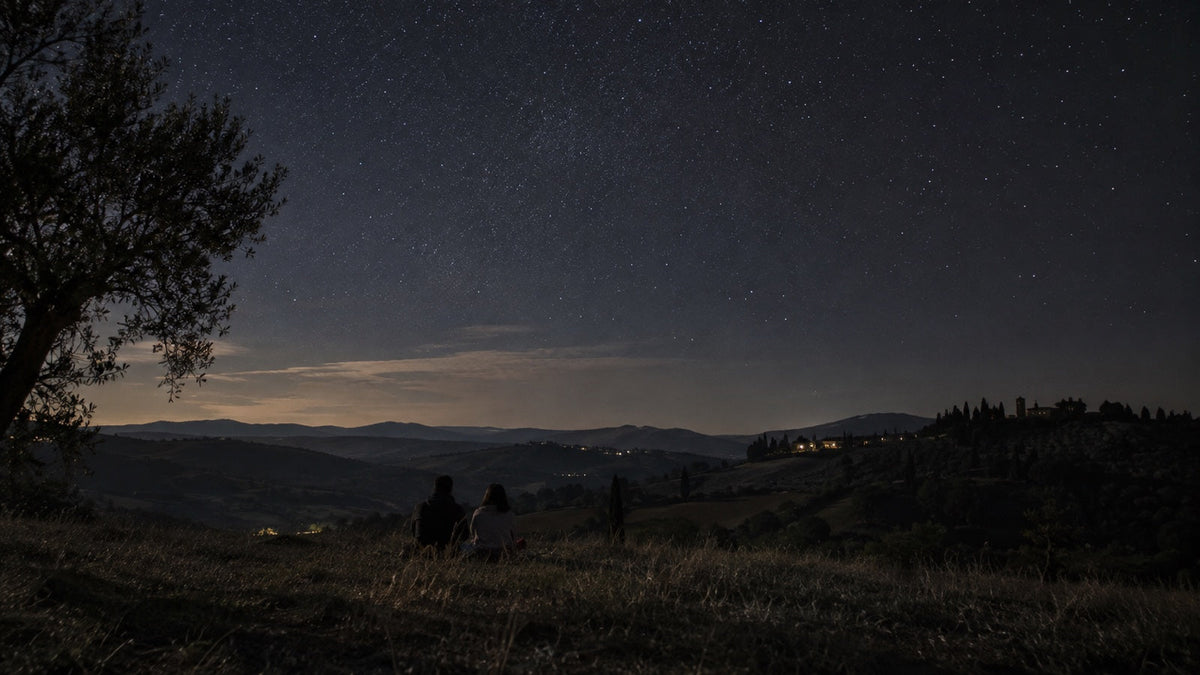 Dos personas comparten una noche bajo un cielo estrellado, un momento para dedicar una estrella